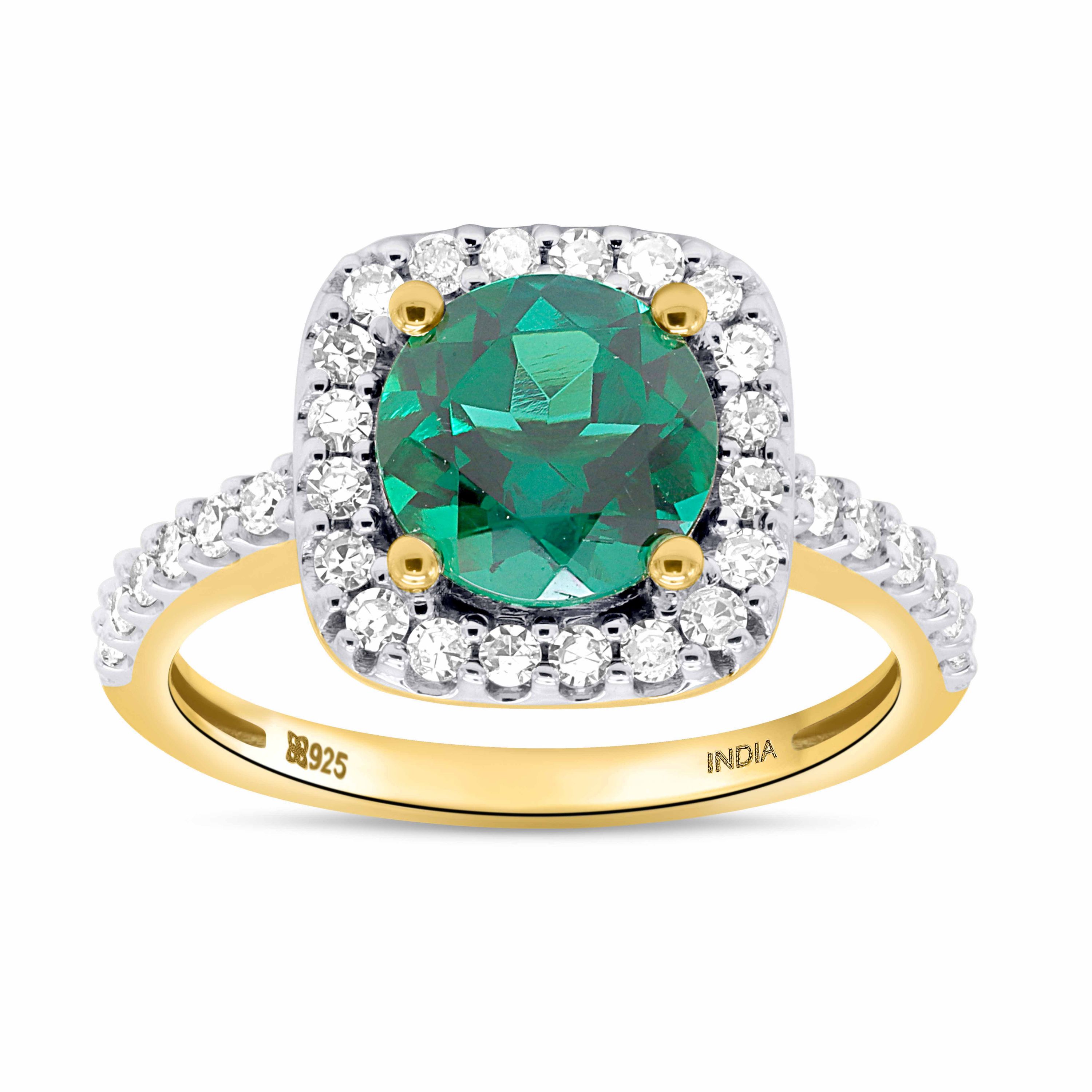 Lab Created 8.00 MM Round Created Emerald and 3/8CTTW Lab Grown Diamond Ring.