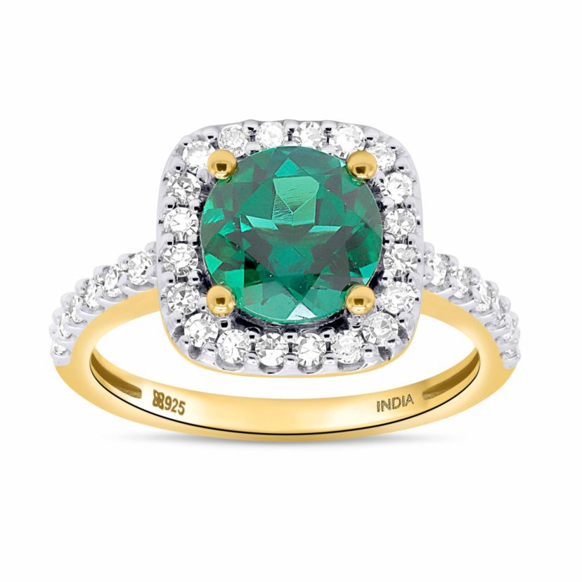 Lab Created 8.00 MM Round Created Emerald and 3/8CTTW Lab Grown Diamond Ring.