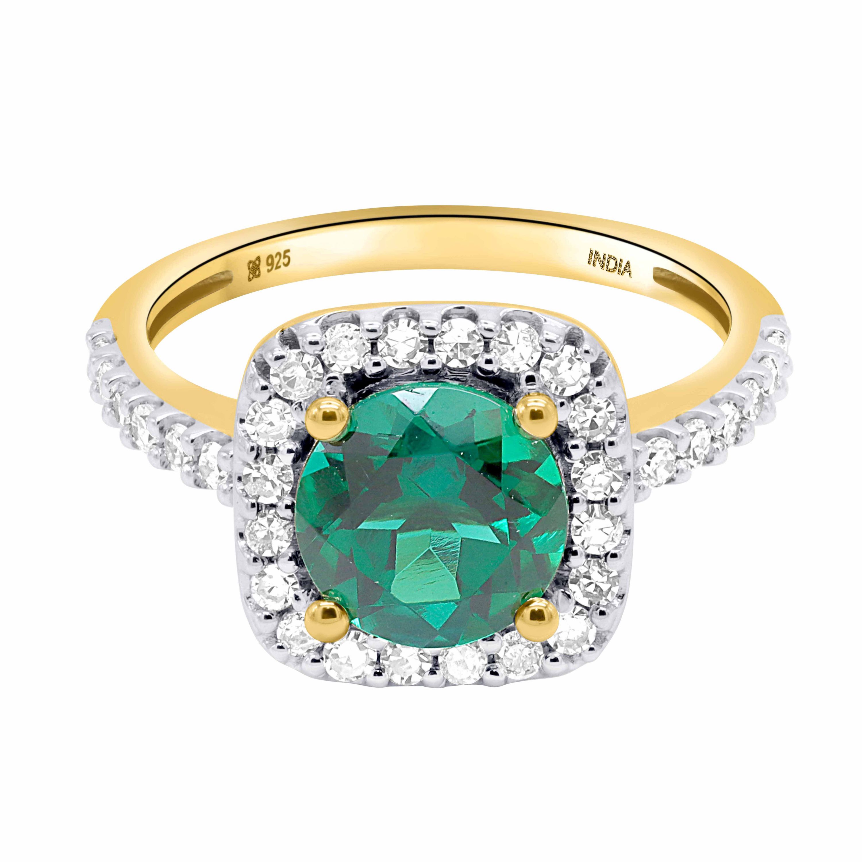Lab Created 8.00 MM Round Created Emerald and 3/8CTTW Lab Grown Diamond Ring.