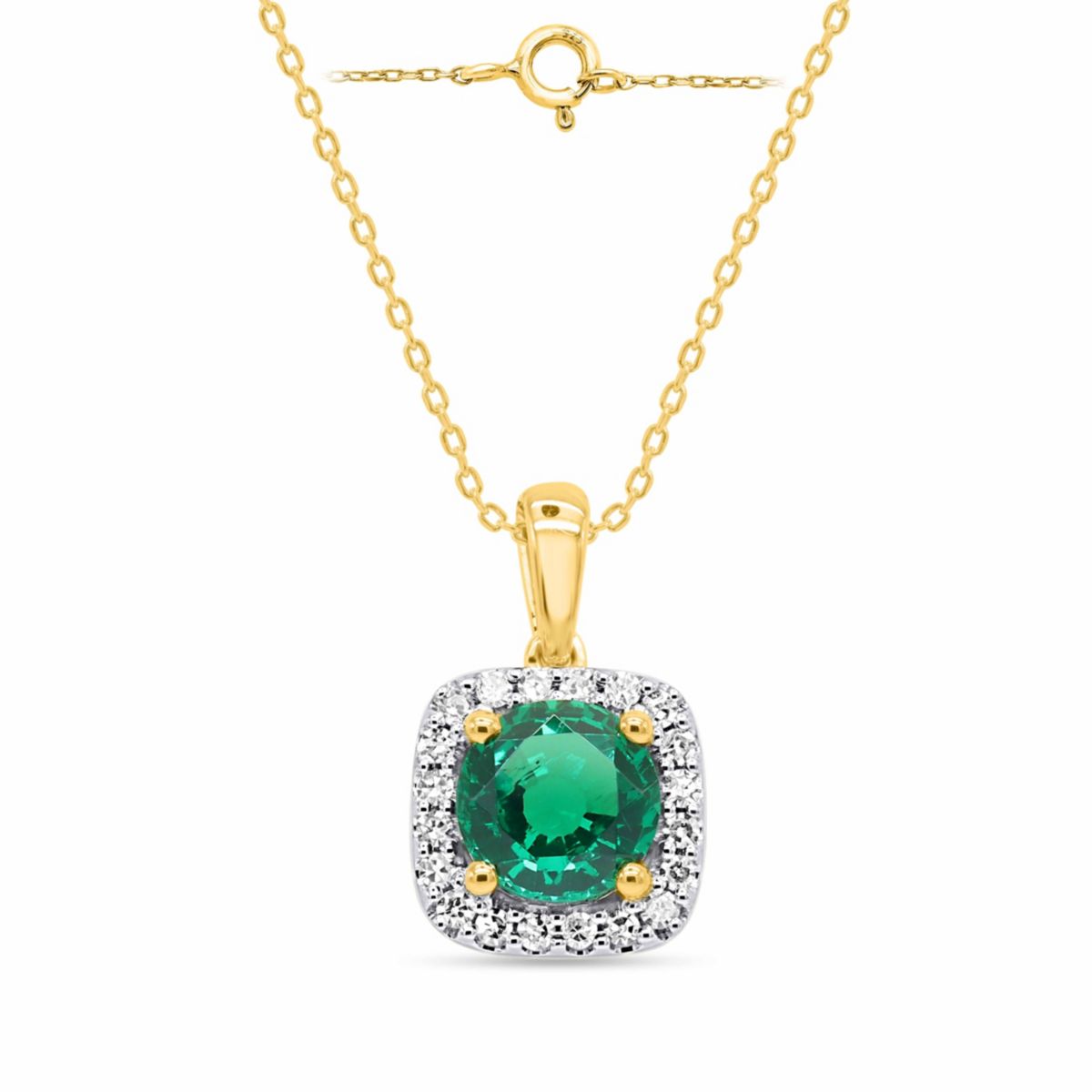 Lab Created 8.00 MM Round Created Emerald and 1/4CTTW Lab Grown Diamond Pendant W/Chain.