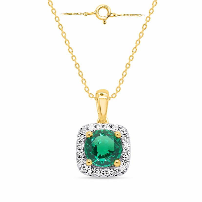 Lab Created 8.00 MM Round Created Emerald and 1/4CTTW Lab Grown Diamond Pendant W/Chain.