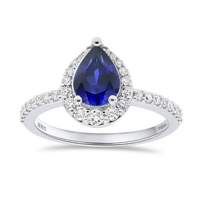 ETHIQUE Lab Created 8X6 MM Pear Created Blue Sapphire and 1/3CTTW Lab Grown Diamond Ring, Silver, 7