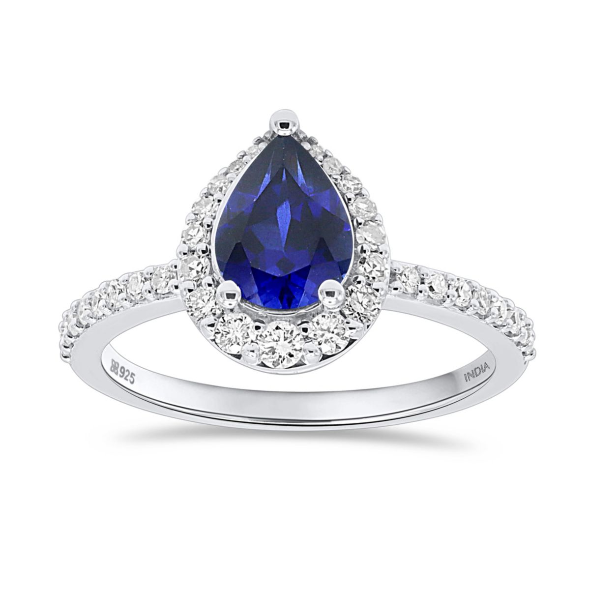 Lab Created 8X6 MM Pear Created Blue Sapphire and 1/3CTTW Lab Grown Diamond Ring.