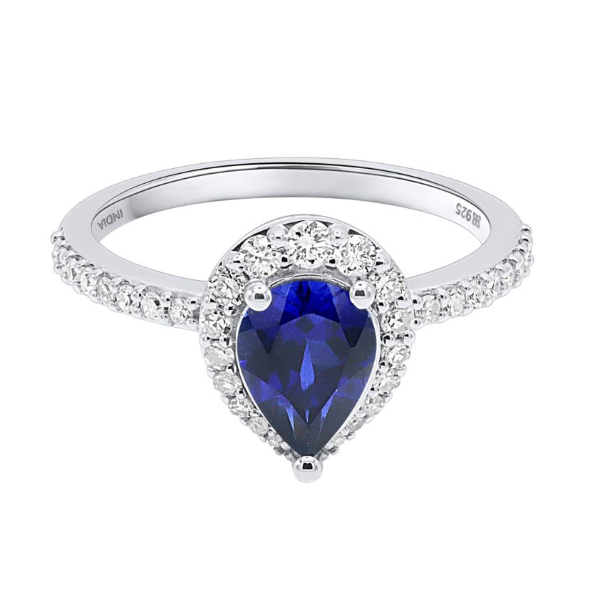 Lab Created 8X6 MM Pear Created Blue Sapphire and 1/3CTTW Lab Grown Diamond Ring.