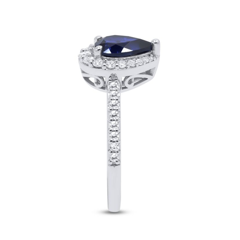 Lab Created 8X6 MM Pear Created Blue Sapphire and 1/3CTTW Lab Grown Diamond Ring.