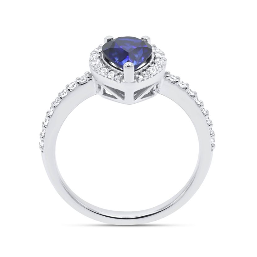 Lab Created 8X6 MM Pear Created Blue Sapphire and 1/3CTTW Lab Grown Diamond Ring.