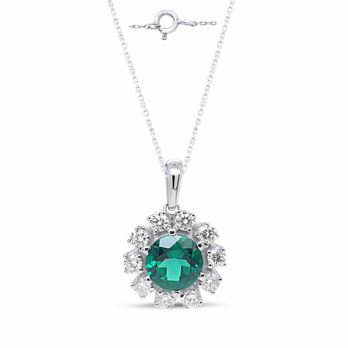 Lab Created 7.00 MM Round Created Emerald and 1/2CTTW Lab Grown Diamond Pendant W/Chain.