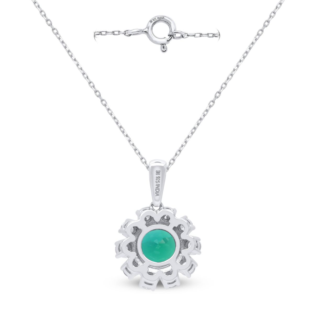 Lab Created 7.00 MM Round Created Emerald and 1/2CTTW Lab Grown Diamond Pendant W/Chain.