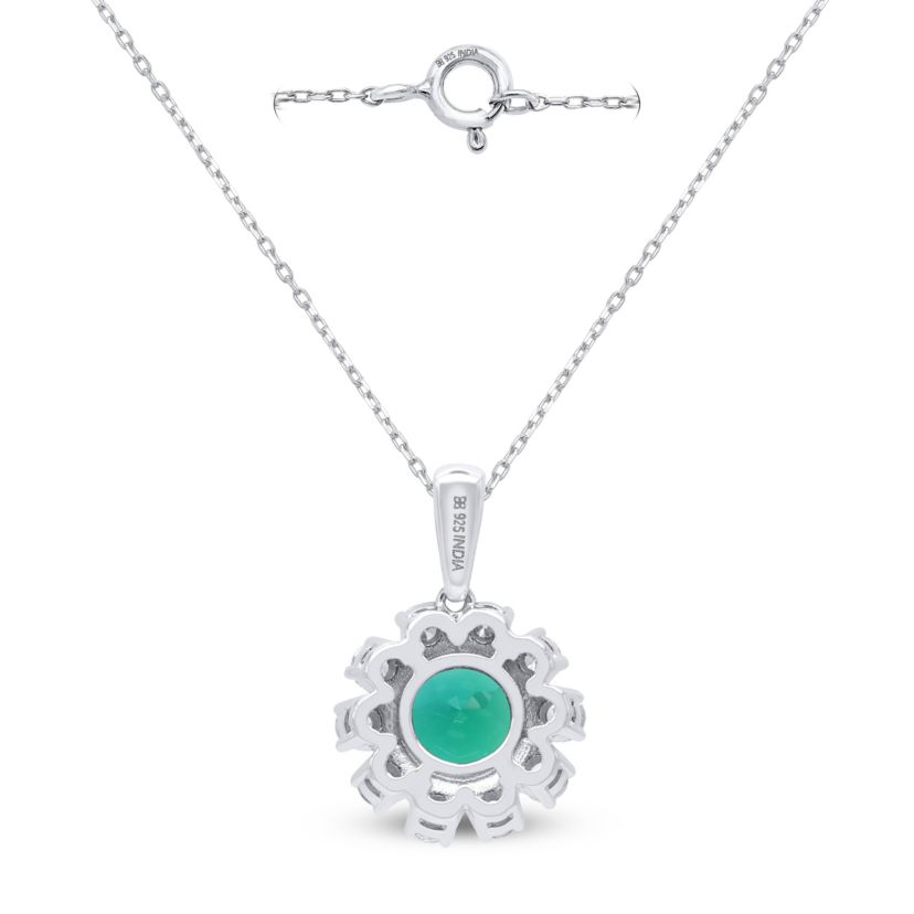 Lab Created 7.00 MM Round Created Emerald and 1/2CTTW Lab Grown Diamond Pendant W/Chain.
