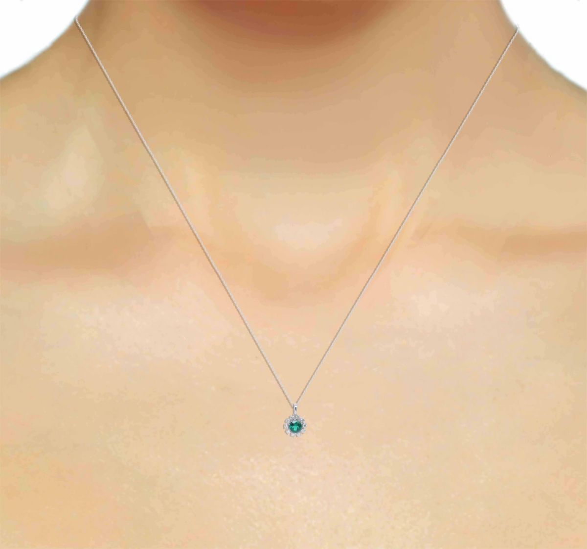 Lab Created 7.00 MM Round Created Emerald and 1/2CTTW Lab Grown Diamond Pendant W/Chain.