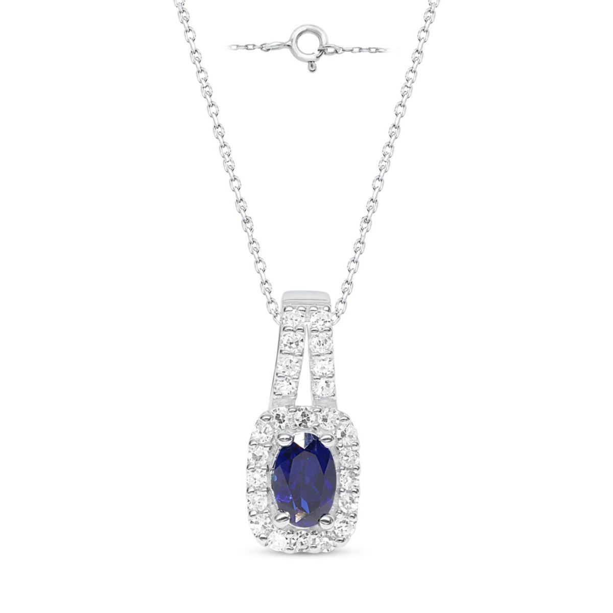 Lab Created 6X4 MM Oval Created Blue Sapphire and 1/4CTTW Lab Grown Diamond Pendant W/Chain.