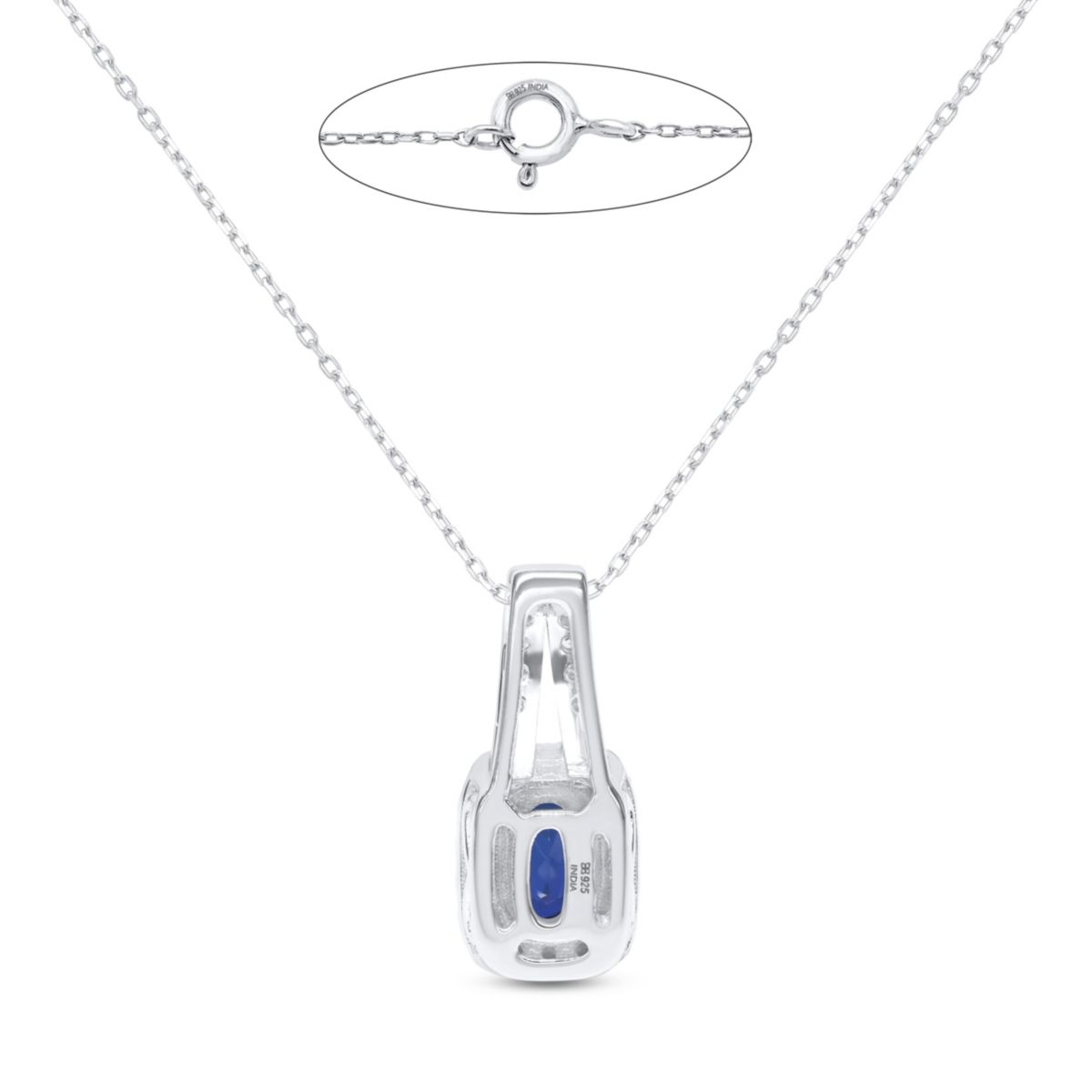 Lab Created 6X4 MM Oval Created Blue Sapphire and 1/4CTTW Lab Grown Diamond Pendant W/Chain.