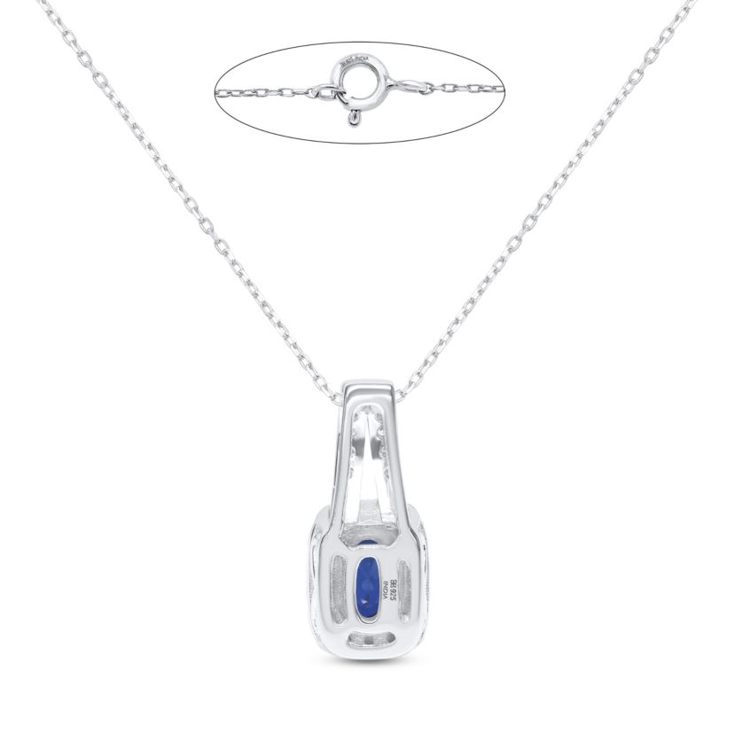 Lab Created 6X4 MM Oval Created Blue Sapphire and 1/4CTTW Lab Grown Diamond Pendant W/Chain.