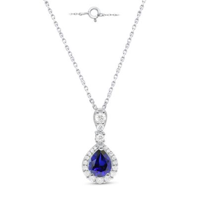 ETHIQUE Lab Created 8X6 MM Pear Created Blue Sapphire and 1/3CTTW Lab Grown Diamond Pendant W/Chain