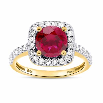 ETHIQUE Lab Created 8.00 MM Round Created Ruby and 3/8CTTW Lab Grown Diamond Ring, Yellow