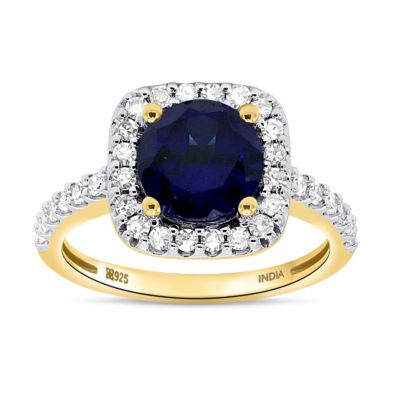 ETHIQUE Lab Created 8.00 MM Round Created Blue Sapphire and 3/8CTTW Lab Grown Diamond Ring, Yellow, 7