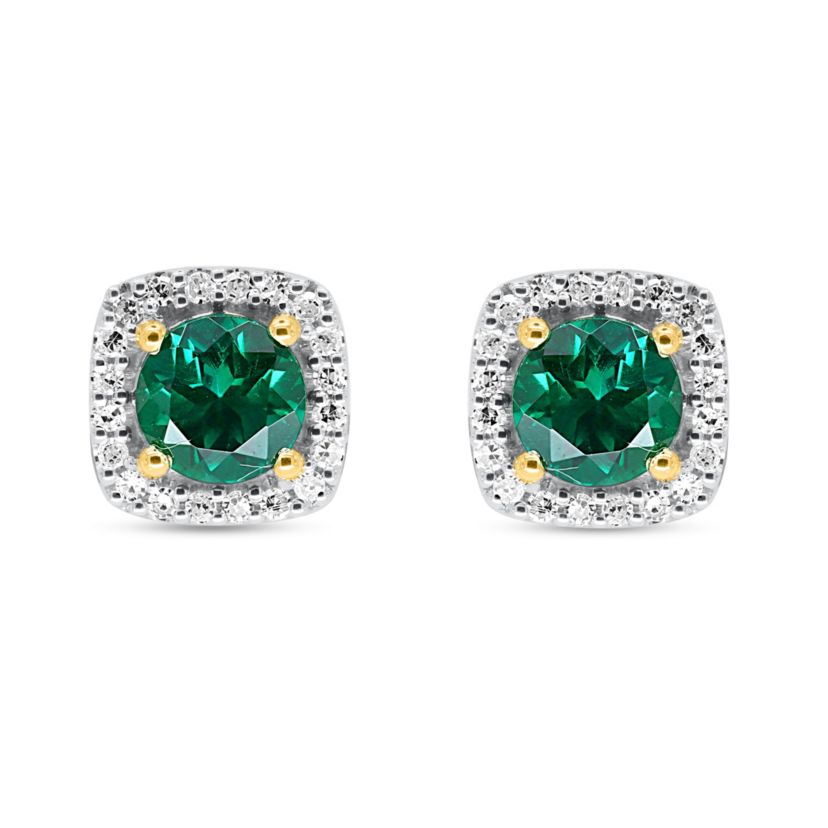 Lab Created 6.00 MM Round Created Emerald and 1/5CTTW Lab Grown Diamond Earrings.