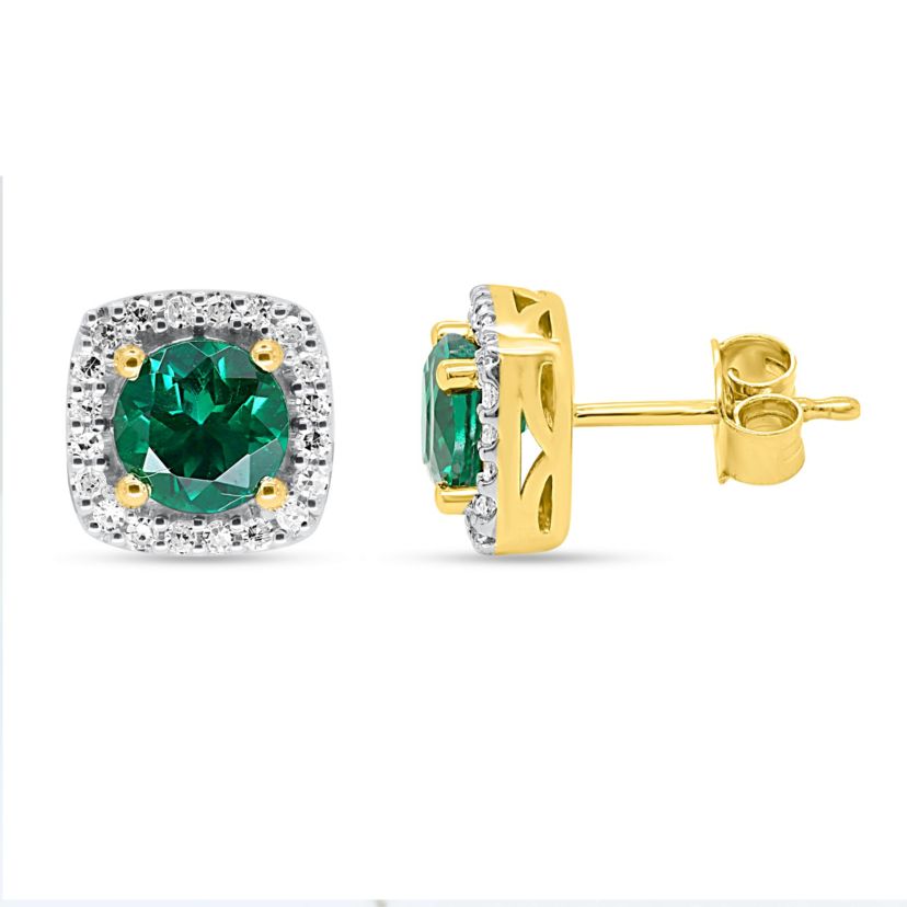 Lab Created 6.00 MM Round Created Emerald and 1/5CTTW Lab Grown Diamond Earrings.