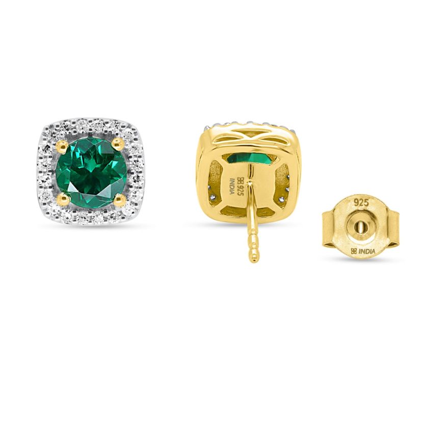 Lab Created 6.00 MM Round Created Emerald and 1/5CTTW Lab Grown Diamond Earrings.