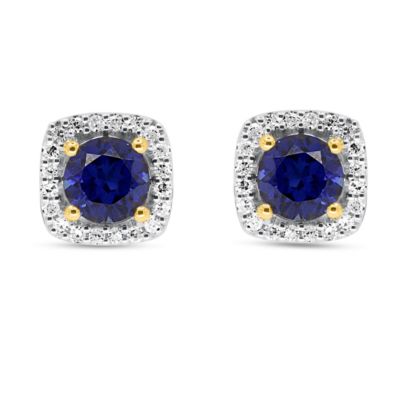 ETHIQUE Lab Created 6.00 MM Round Created Blue Sapphire and 1/5CTTW Lab Grown Diamond Earrings