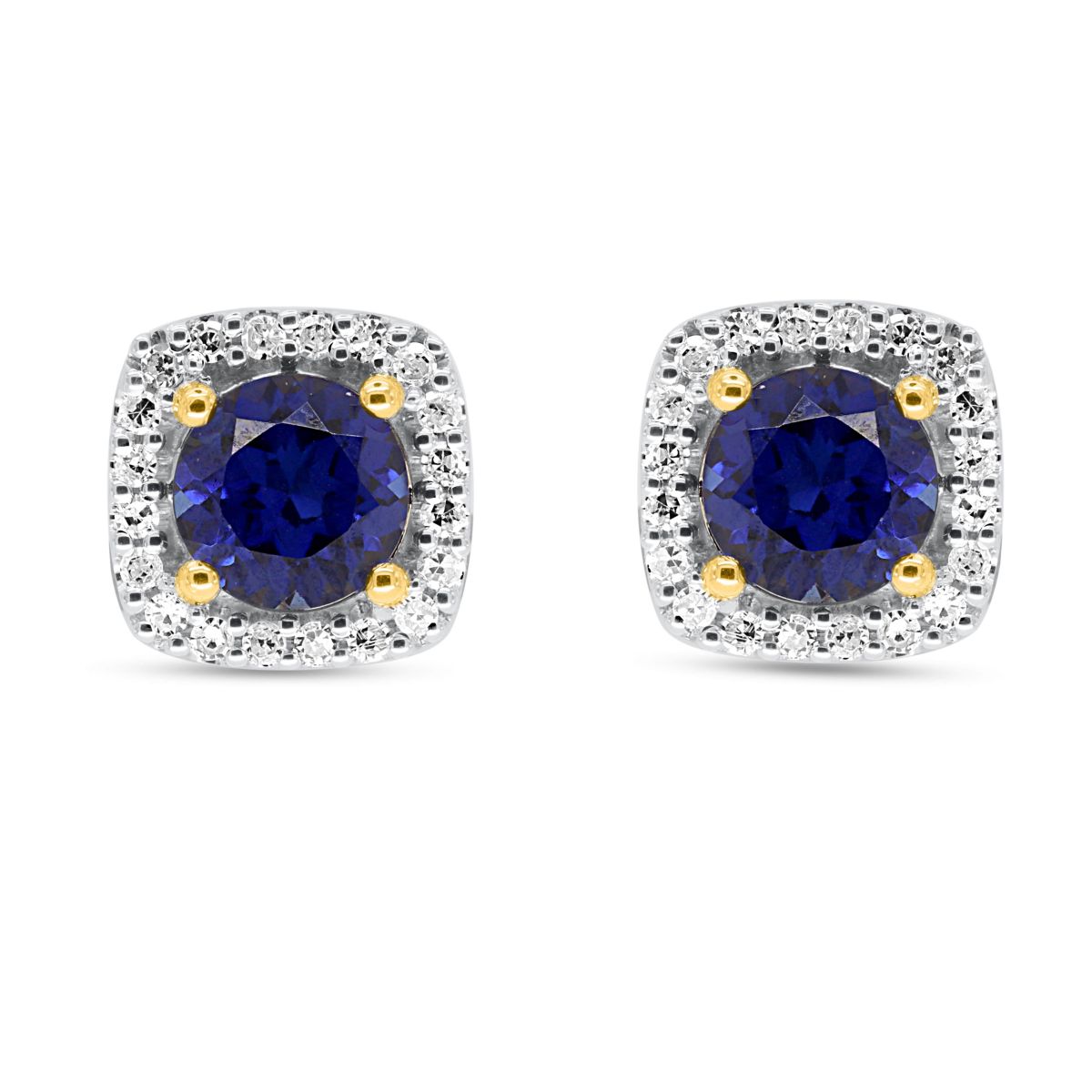 Lab Created 6.00 MM Round Created Blue Sapphire and 1/5CTTW Lab Grown Diamond Earrings.