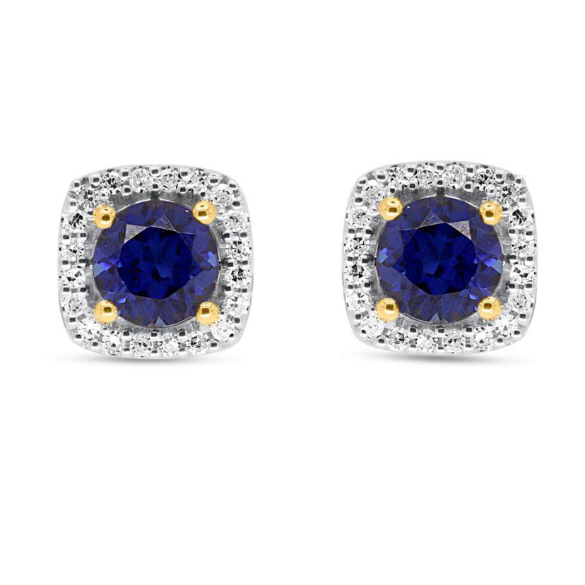 Lab Created 6.00 MM Round Created Blue Sapphire and 1/5CTTW Lab Grown Diamond Earrings.