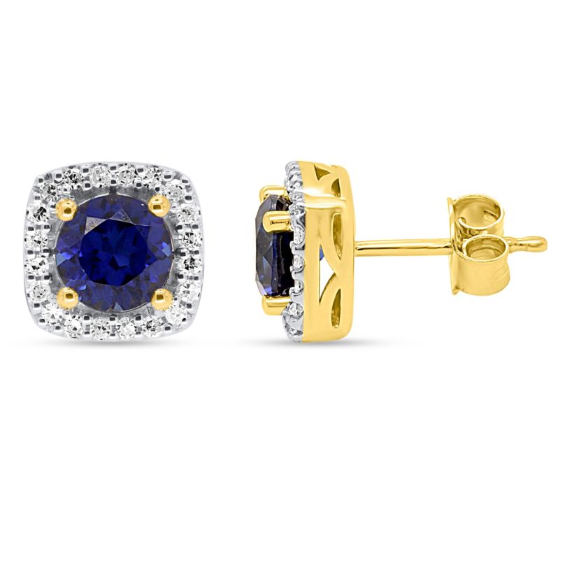 Lab Created 6.00 MM Round Created Blue Sapphire and 1/5CTTW Lab Grown Diamond Earrings.
