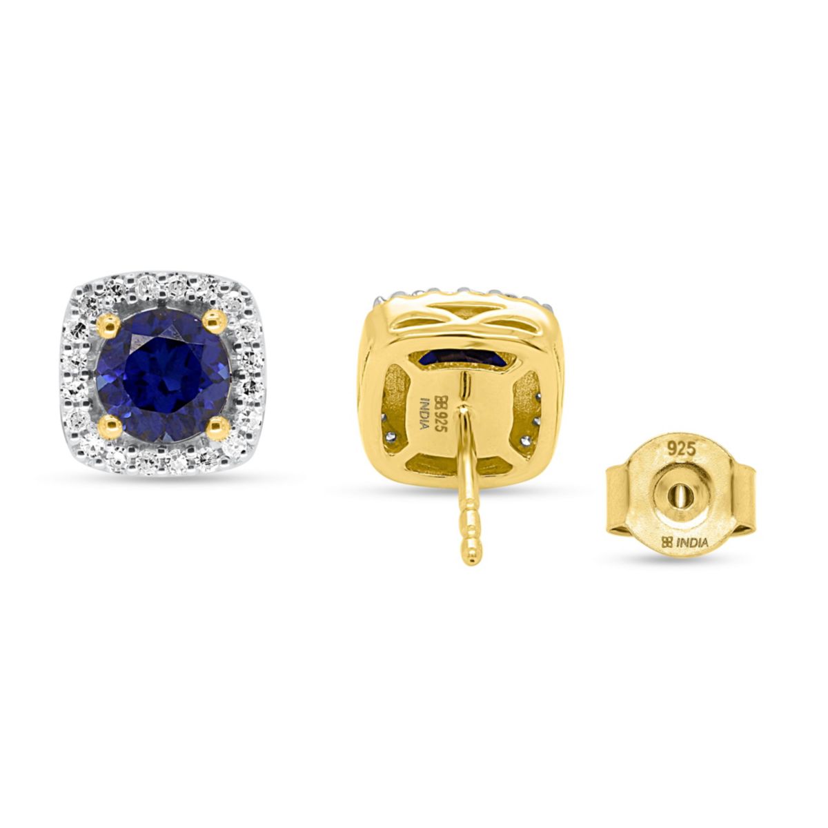 Lab Created 6.00 MM Round Created Blue Sapphire and 1/5CTTW Lab Grown Diamond Earrings.