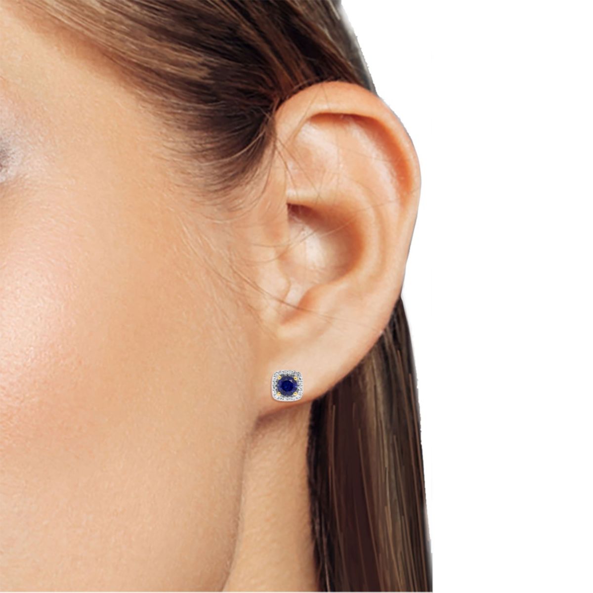 Lab Created 6.00 MM Round Created Blue Sapphire and 1/5CTTW Lab Grown Diamond Earrings.