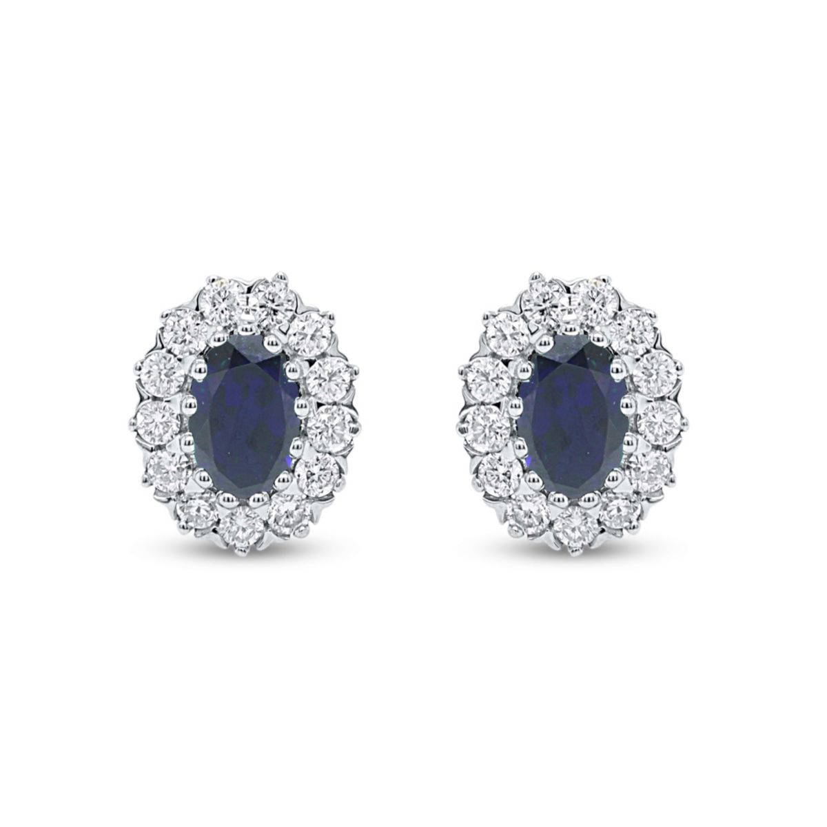 Lab Created 6X4 MM Oval Created Blue Sapphire and 3/8CTTW Lab Grown Diamond Earrings.
