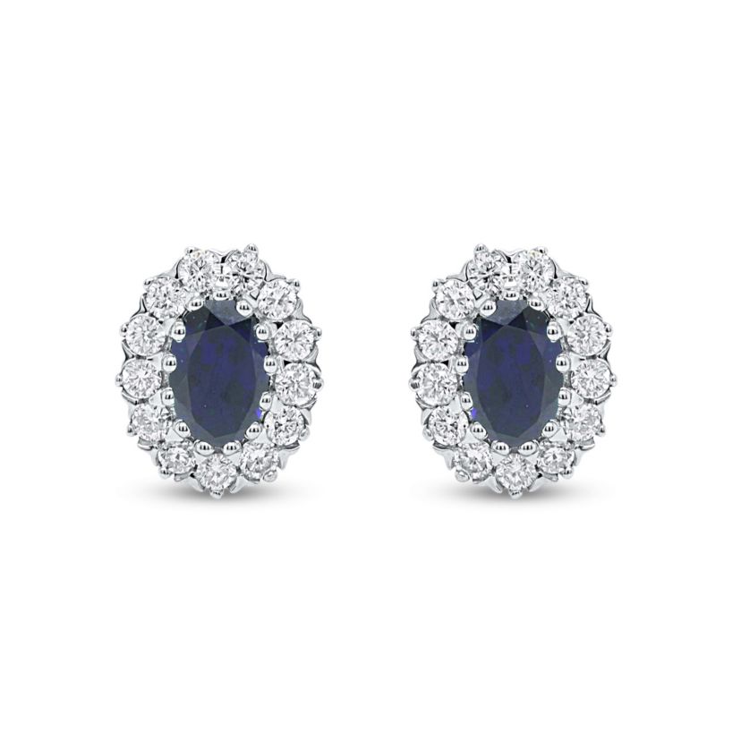 Lab Created 6X4 MM Oval Created Blue Sapphire and 3/8CTTW Lab Grown Diamond Earrings.