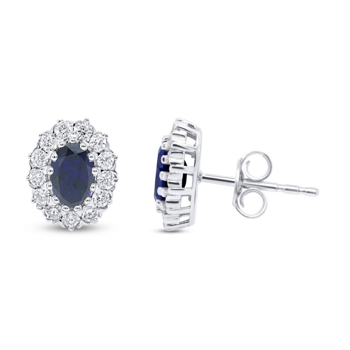 Lab Created 6X4 MM Oval Created Blue Sapphire and 3/8CTTW Lab Grown Diamond Earrings.