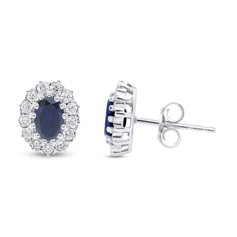 Lab Created 6X4 MM Oval Created Blue Sapphire and 3/8CTTW Lab Grown Diamond Earrings.