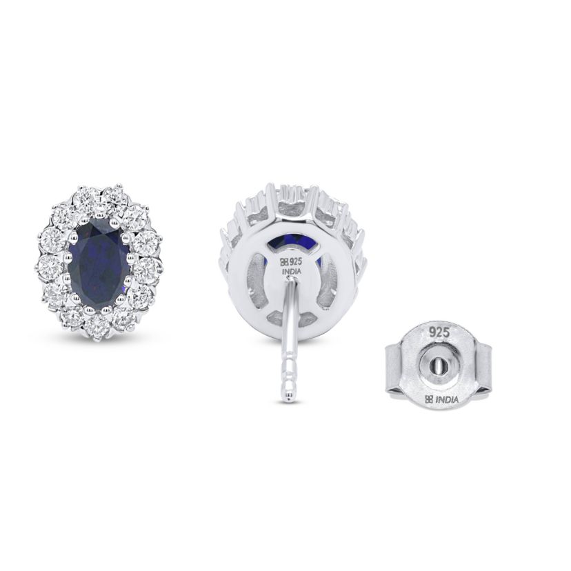 Lab Created 6X4 MM Oval Created Blue Sapphire and 3/8CTTW Lab Grown Diamond Earrings.