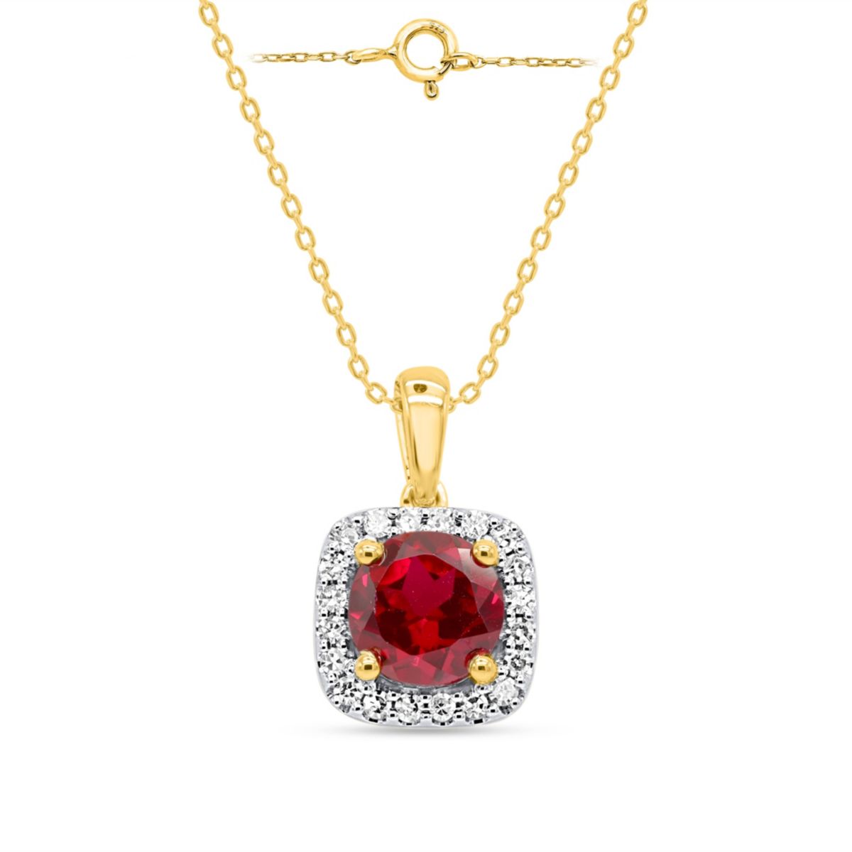 Lab Created 8.00 MM Round Created Ruby and 1/4CTTW Lab Grown Diamond Pendant W/Chain.