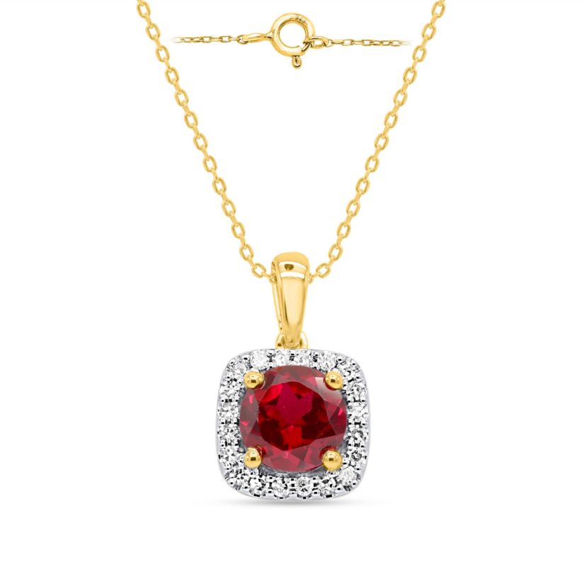 Lab Created 8.00 MM Round Created Ruby and 1/4CTTW Lab Grown Diamond Pendant W/Chain.