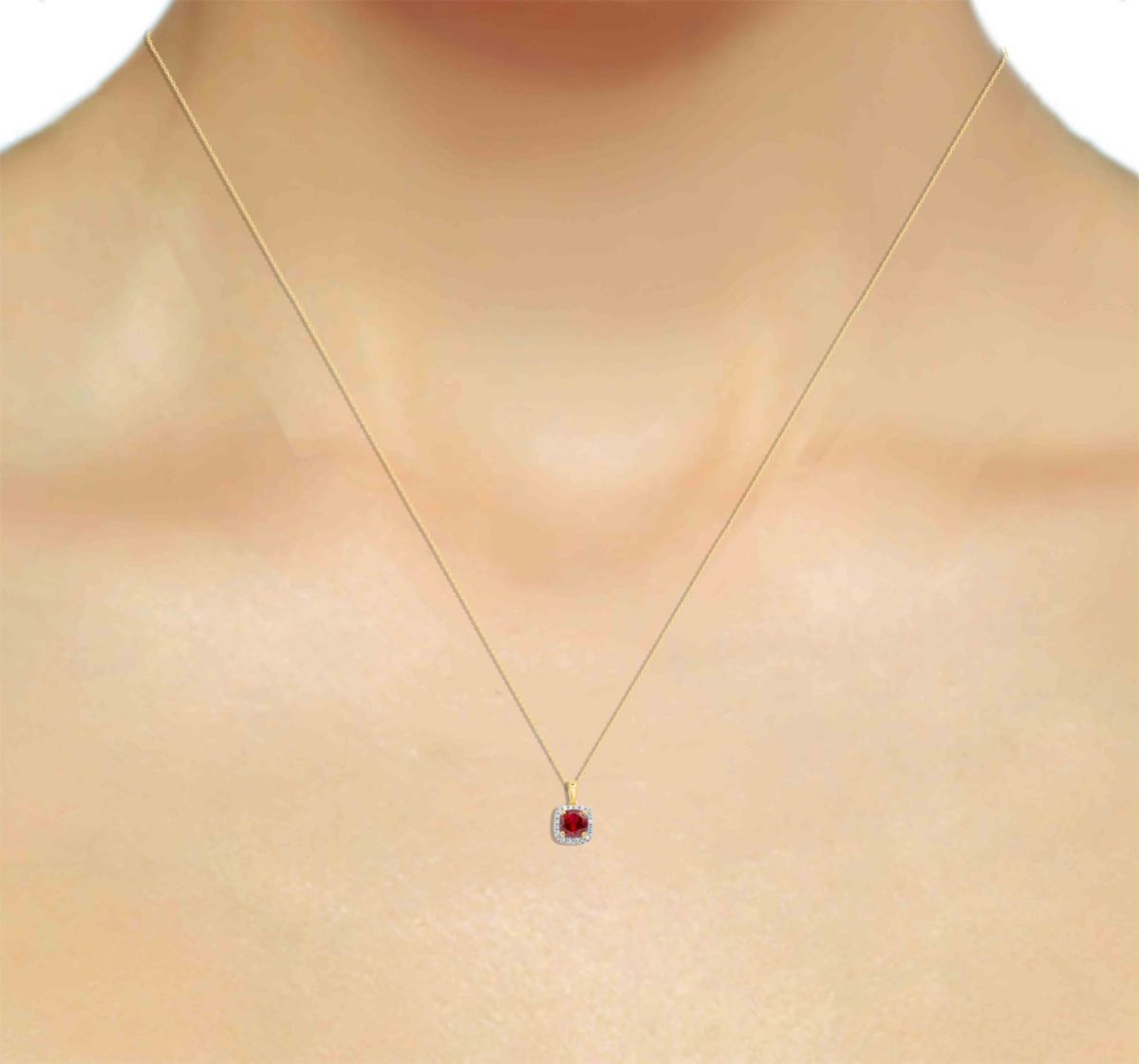 Lab Created 8.00 MM Round Created Ruby and 1/4CTTW Lab Grown Diamond Pendant W/Chain.
