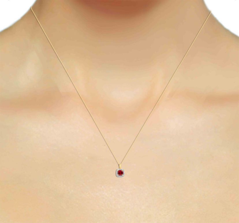 Lab Created 8.00 MM Round Created Ruby and 1/4CTTW Lab Grown Diamond Pendant W/Chain.