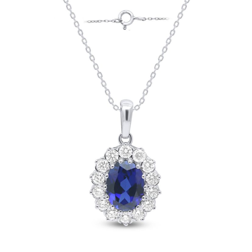 Lab Created 8X6 MM Oval Created Ruby and 1/2CTTW Lab Grown Diamond Pendant W/Chain.