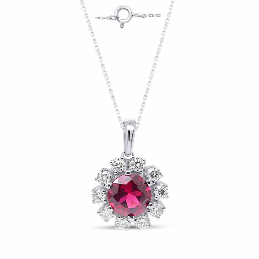 Lab Created 7.00 MM Round Created Ruby and 1/2CTTW Lab Grown Diamond Pendant W/Chain.