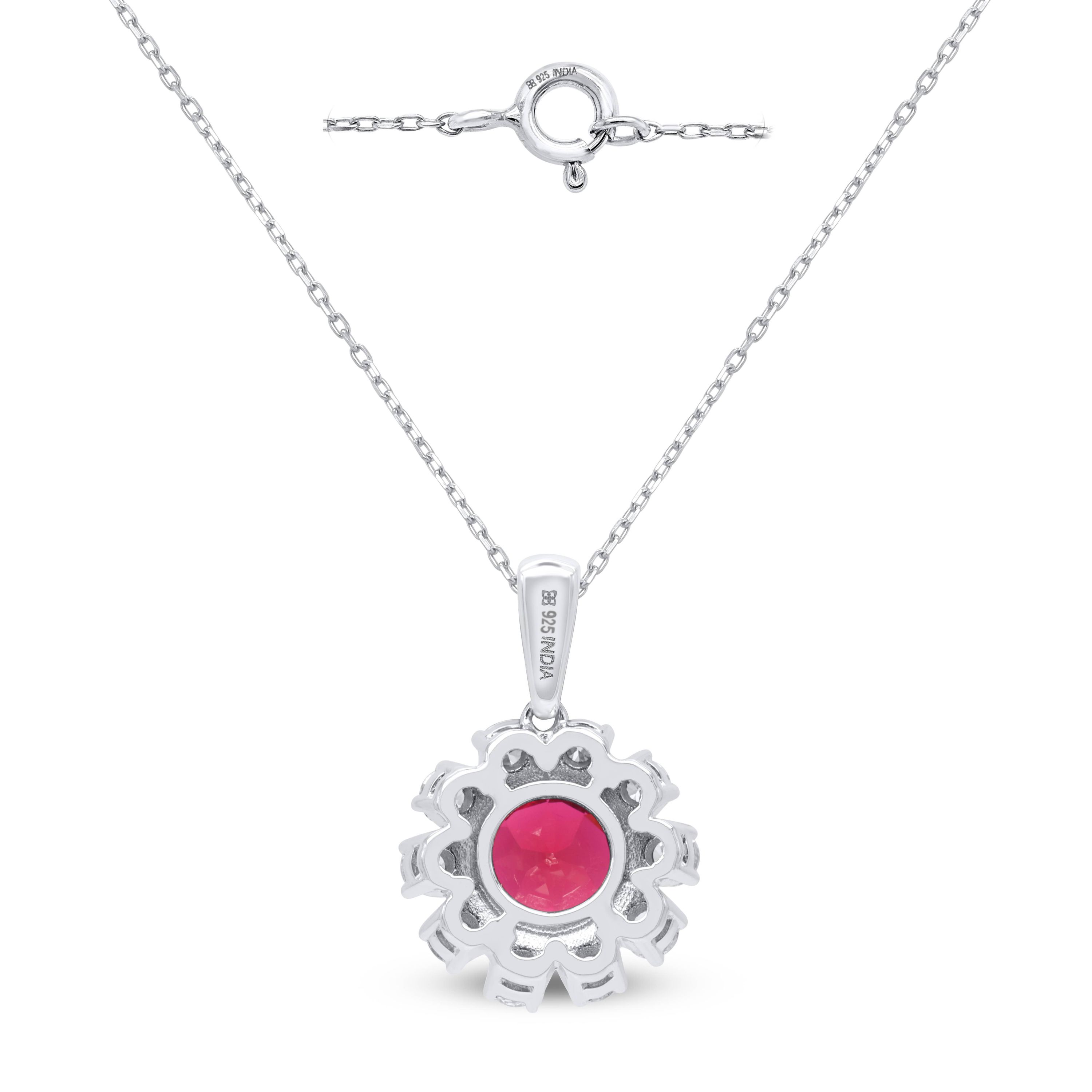 Lab Created 7.00 MM Round Created Ruby and 1/2CTTW Lab Grown Diamond Pendant W/Chain.