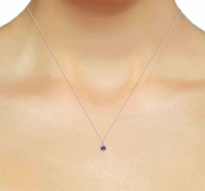 Lab Created 7.00 MM Round Created Ruby and 1/2CTTW Lab Grown Diamond Pendant W/Chain.