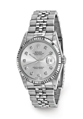 Preowned Rolex Mens Datejust Jubilee Silver Diamond Dial 18K Fluted Bezel Watch  FINAL SALE NO RETURNS OR EXCHANGES