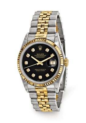 Preowned Rolex Men&acirc;s 18K Gold and Stainless Steel Datejust Jubilee Black Diamond Dial 18K Fluted Bezel Watch  FINAL SALE NO RETURNS OR EXCHANGES