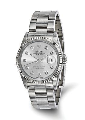 Preowned Rolex Mens Datejust Oyster Silver Diamond Dial 18K Fluted Bezel Watch  FINAL SALE NO RETURNS OR EXCHANGES
