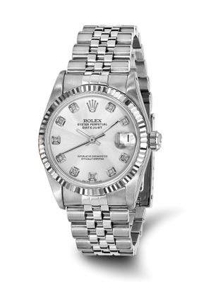 Preowned Rolex Womens Datejust Jubilee Silver Diamond Dial 18K Fluted Bezel Watch  FINAL SALE NO RETURNS OR EXCHANGES