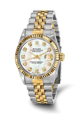 Preowned Rolex Womens Midsize Two Tone Datejust Jubilee Mother of Pearl Diamond Dial 18K Fluted Bezel Watch  FINAL SALE NO RETURNS OR EXCHANGES