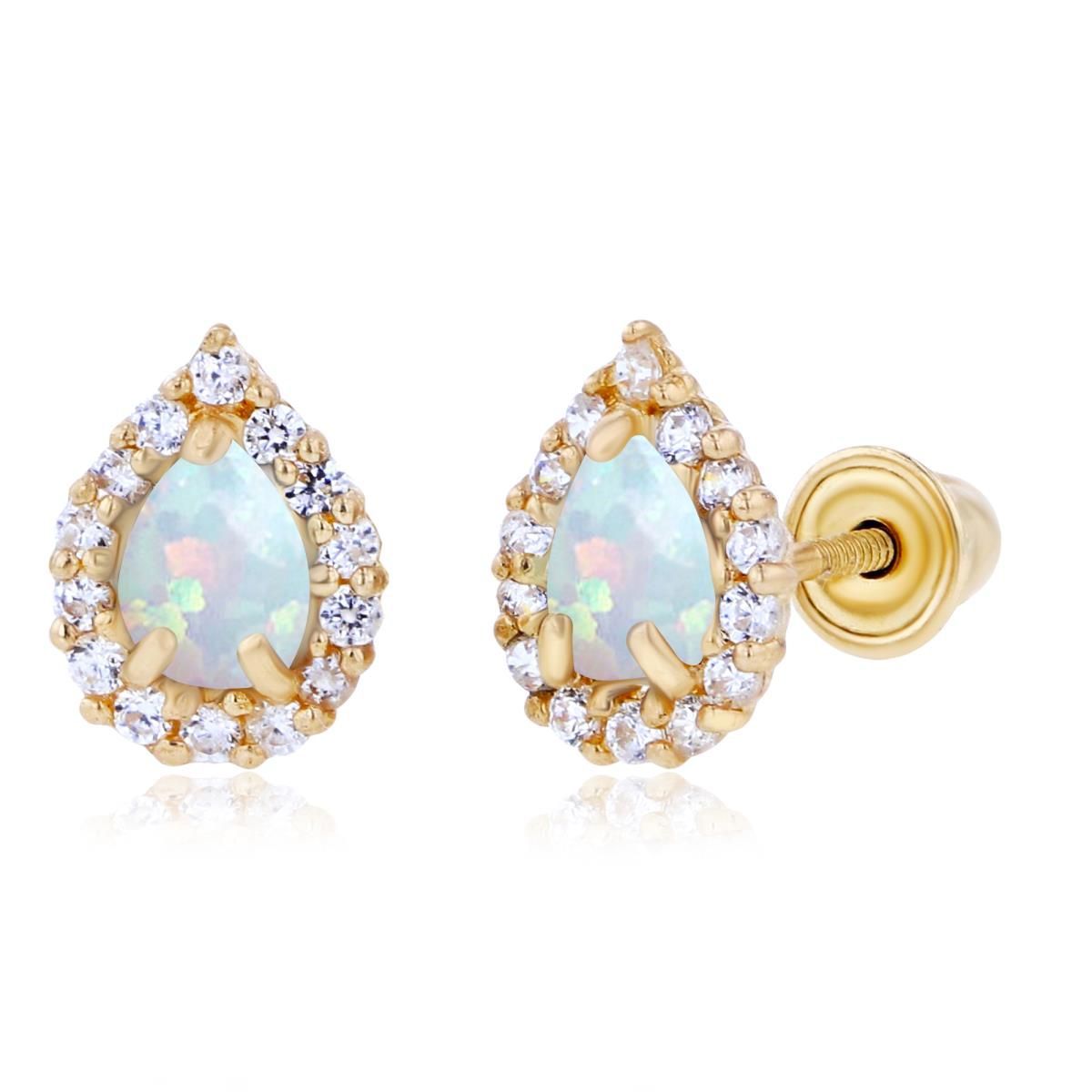 Lab Created Sterling Silver Yellow 4x3mm Pear Created Opal & 1mm Created White Sapphire Halo Screwback Earrings