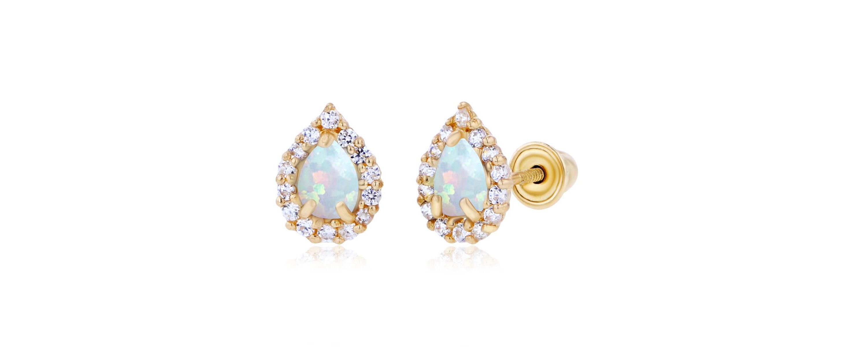 Lab Created Sterling Silver Yellow 4x3mm Pear Created Opal & 1mm Created White Sapphire Halo Screwback Earrings
