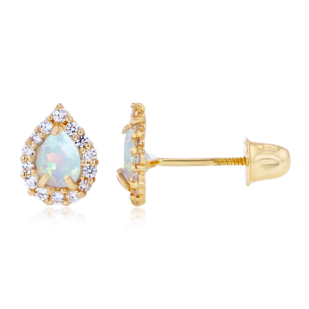 Lab Created Sterling Silver Yellow 4x3mm Pear Created Opal & 1mm Created White Sapphire Halo Screwback Earrings
